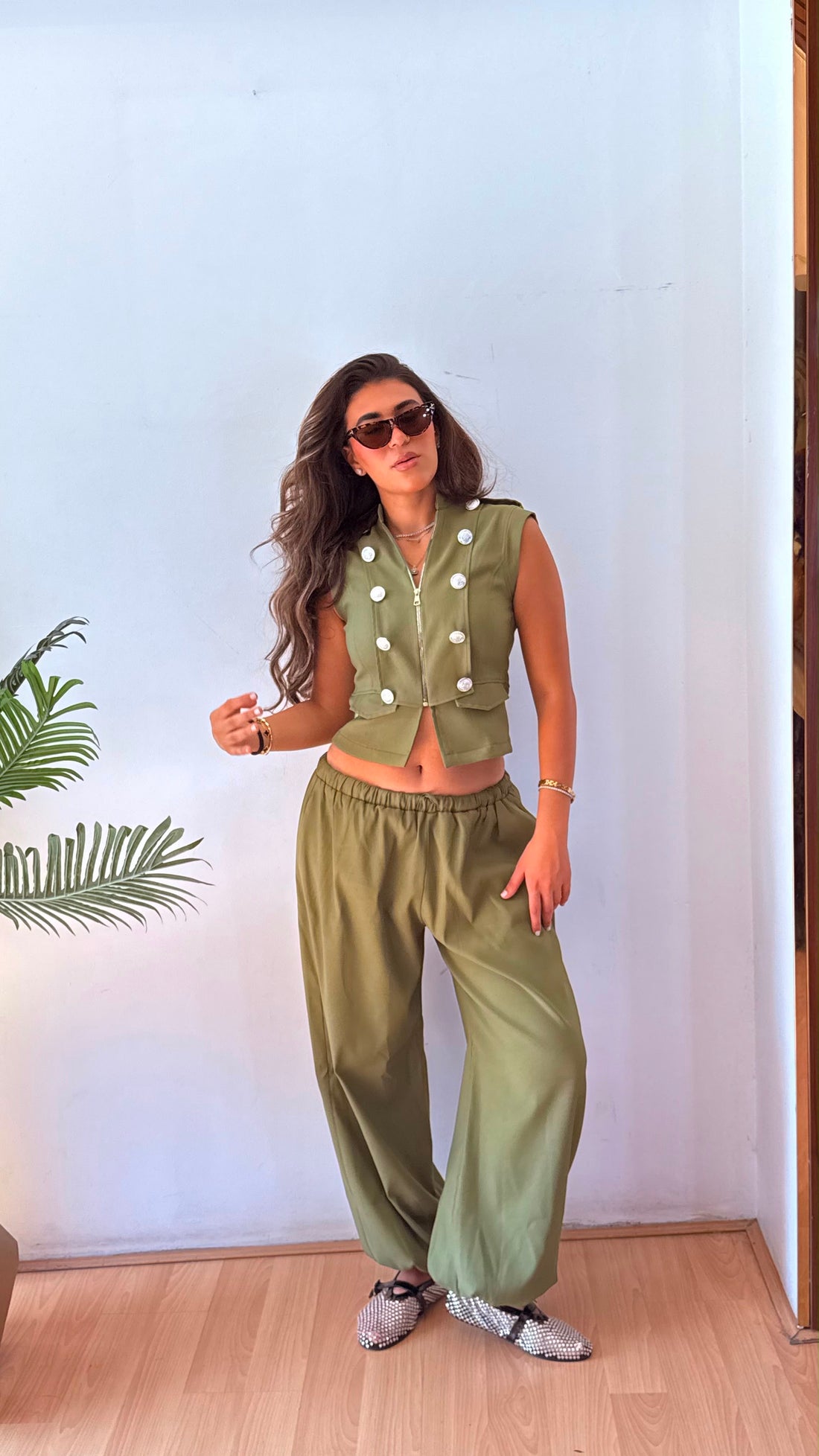 Military Button olive Vest Top