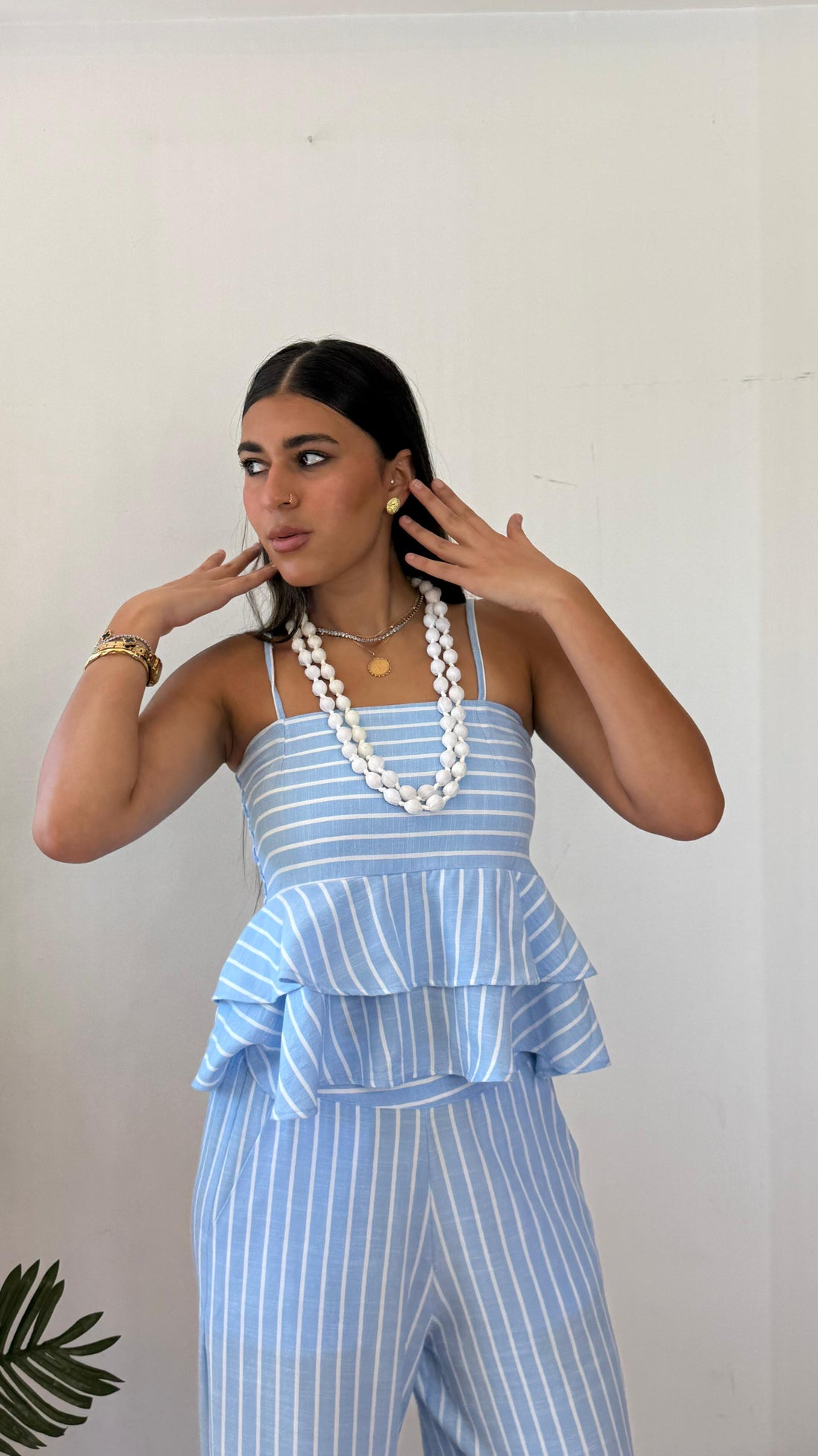 Strip baby blue linen top