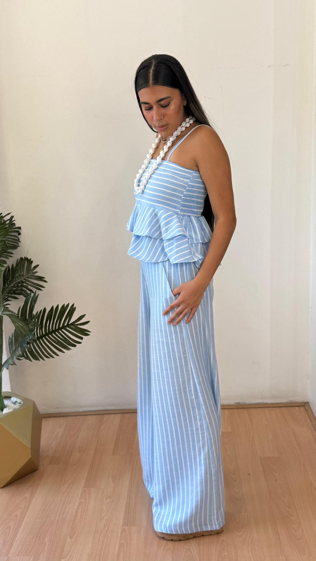 Strip baby blue linen pants