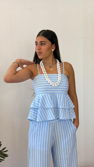 Strip baby blue linen top