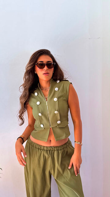 Military Button olive Vest Top