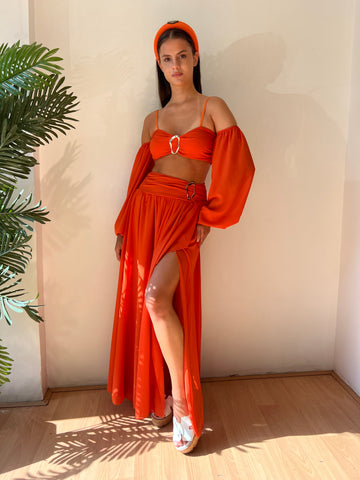 Hot orange flowy skirt set