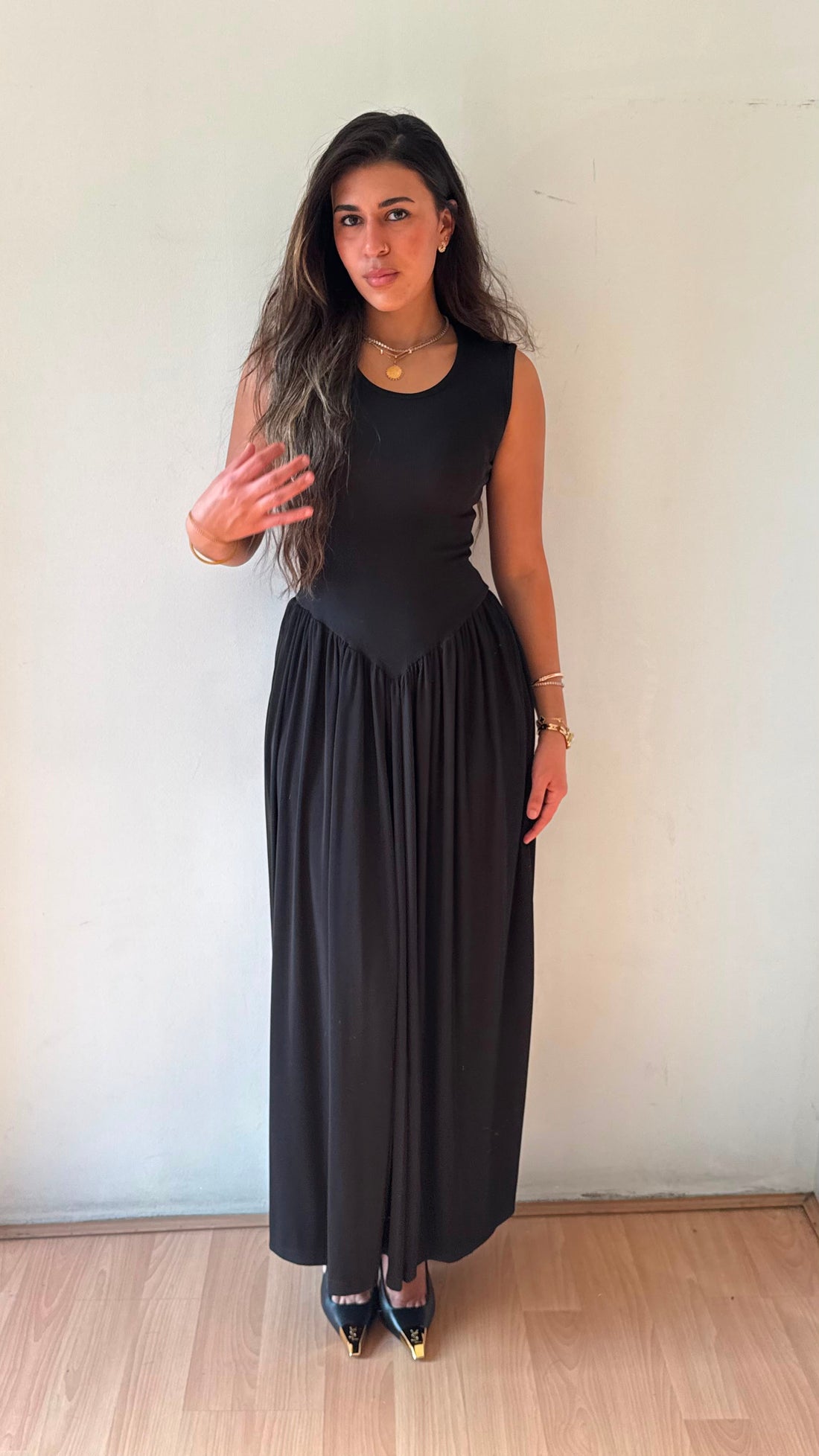 Waist defined long dress Black
