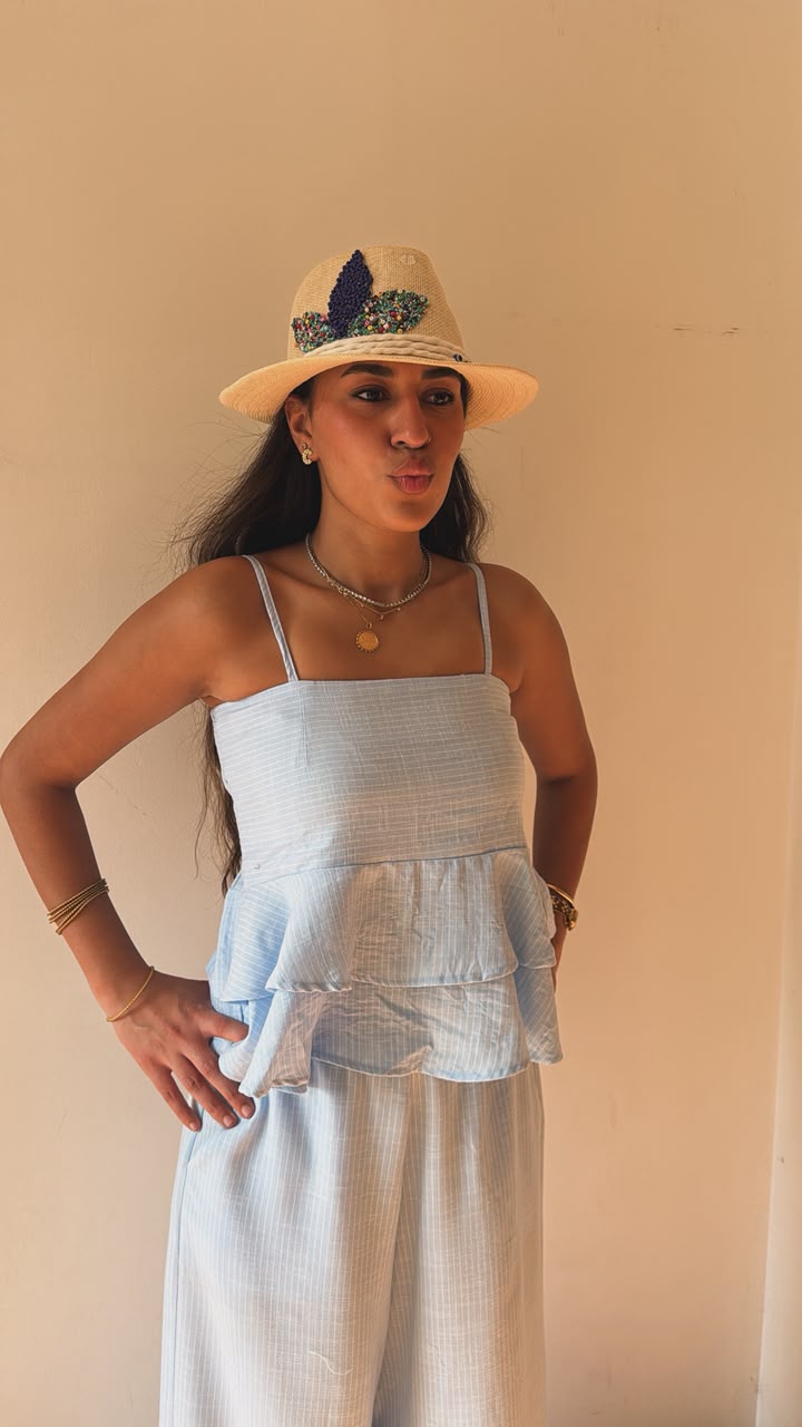 Mini strip linen top in baby blue