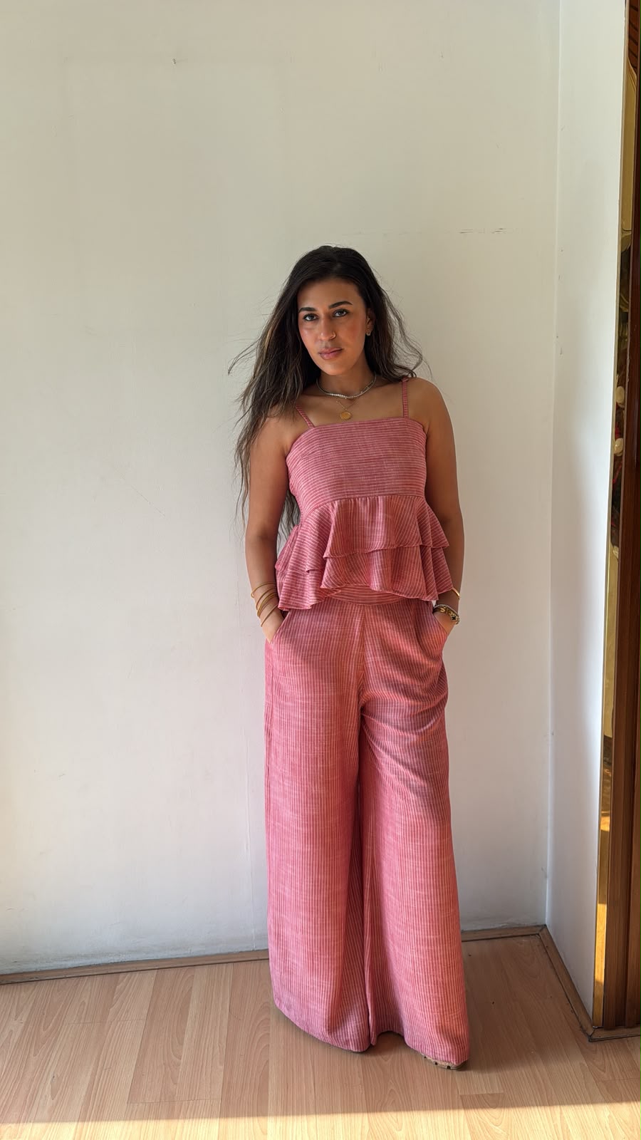 Mini strip linen top in red