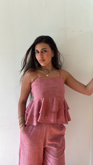 Mini strip linen top in red