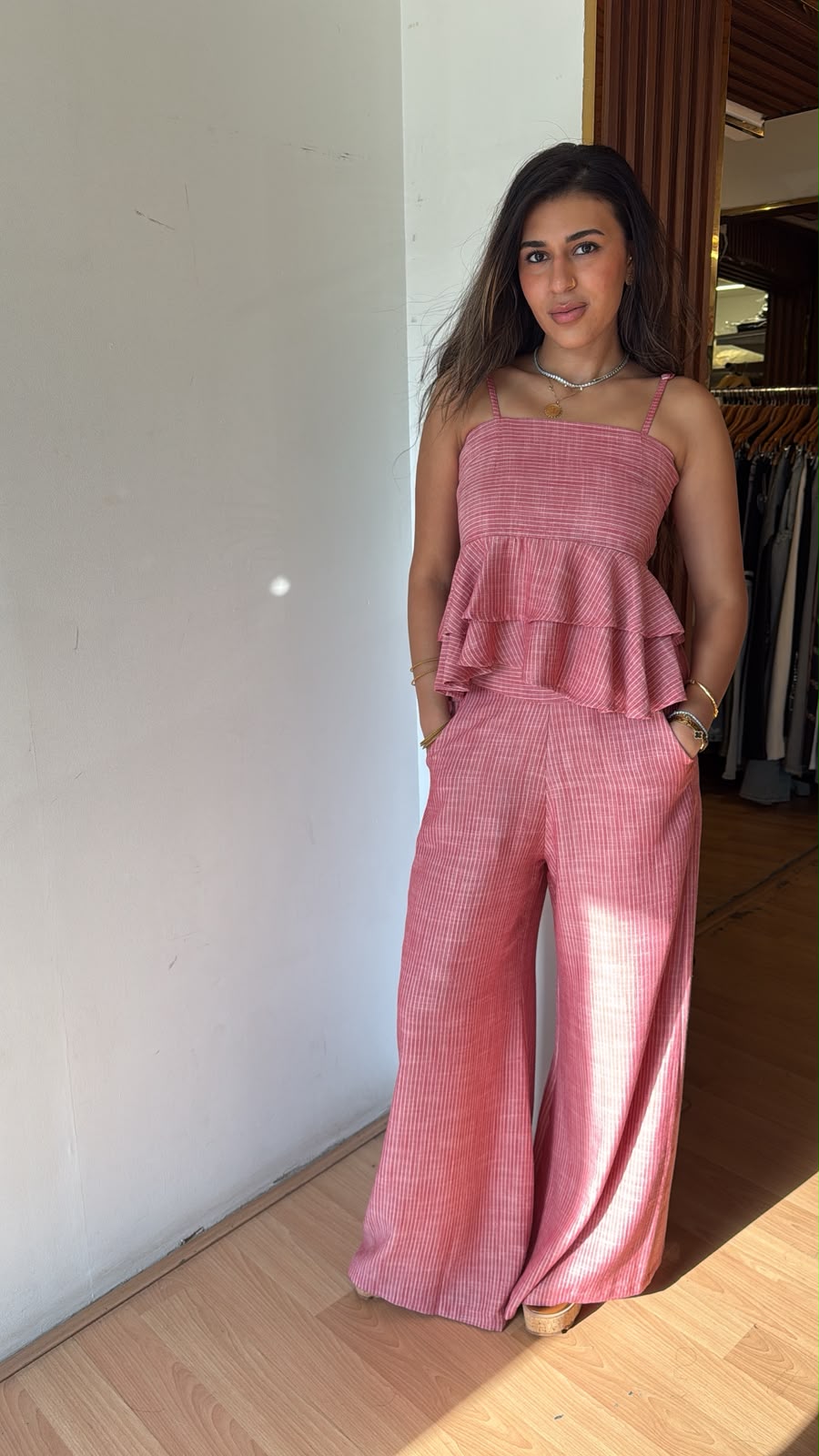 Mini strip linen pants in red
