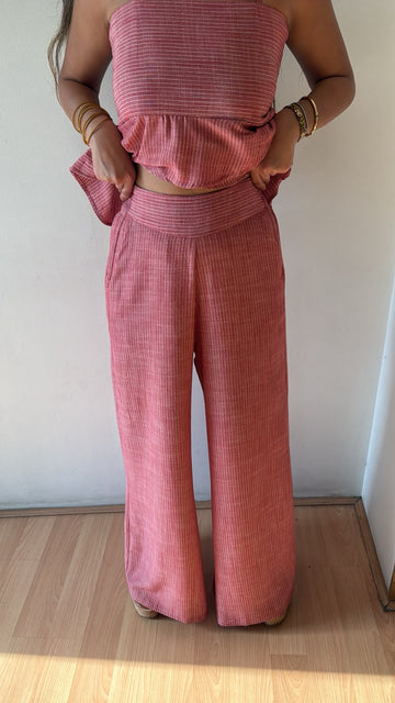Mini strip linen pants in red