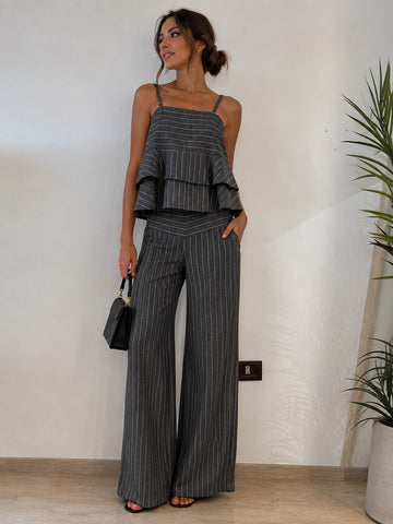 Small strip linen pants in dark grey