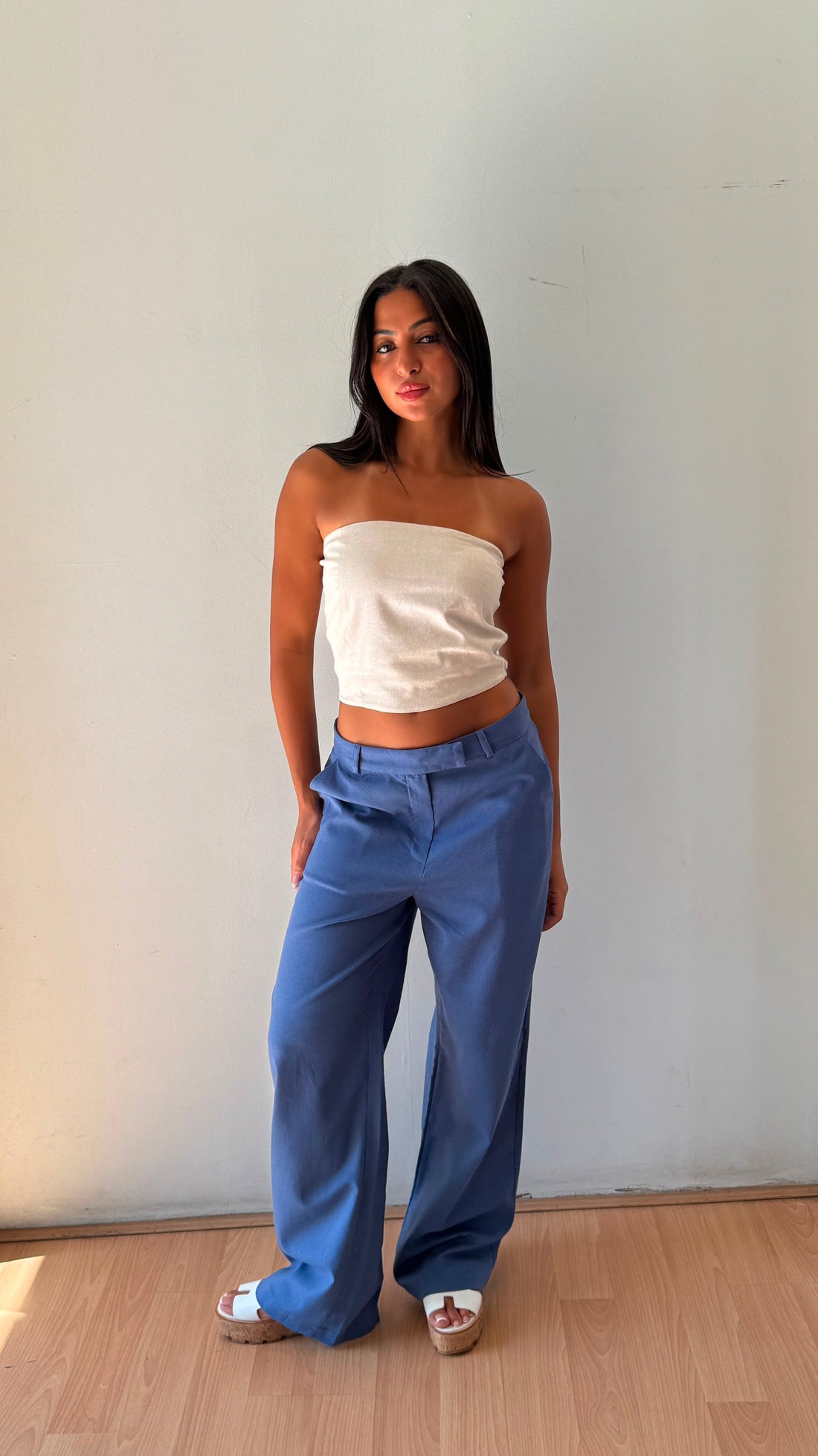 Blue linen wide leg pants