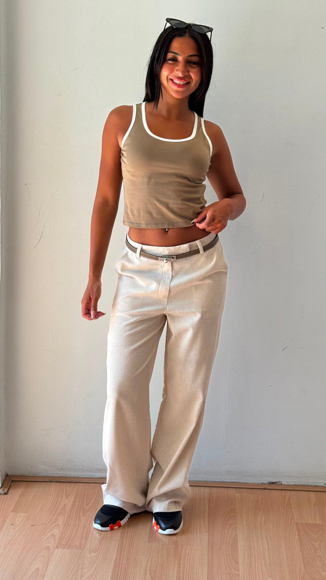 Light beige linen wide leg pants