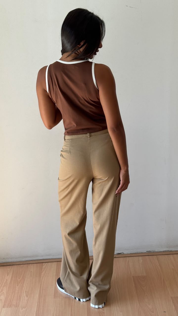 Beige linen wide leg pants
