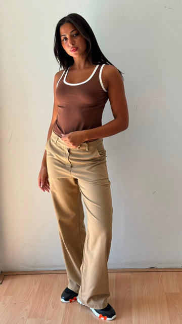 Beige linen wide leg pants